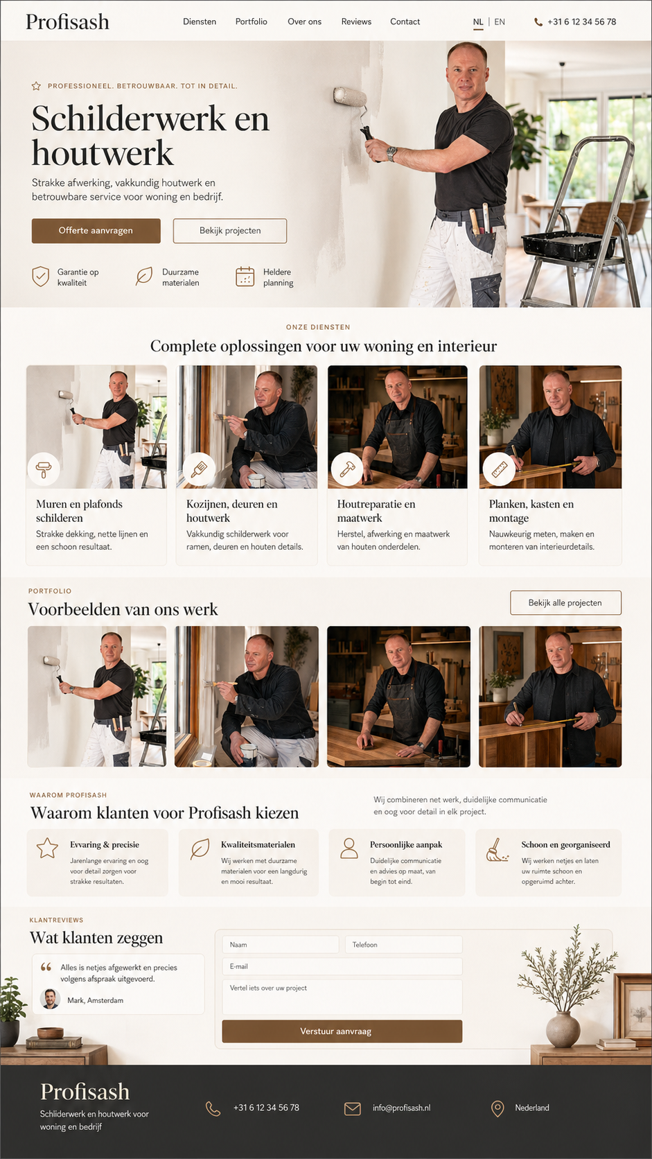 Professionele schilder in witte werkbroek tijdens schilderwerk